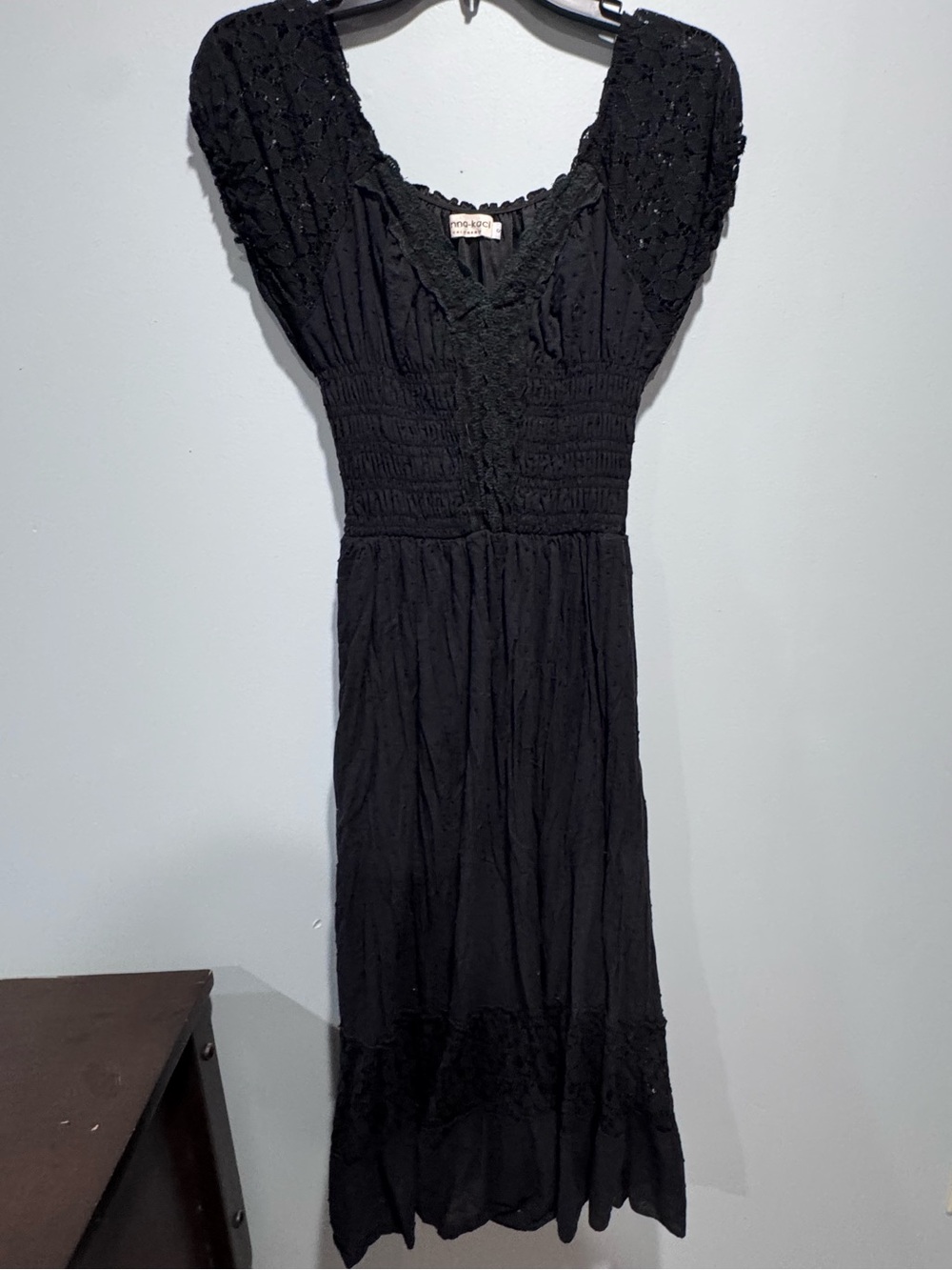 Elegant Black Maxi Dress with Embroidered Yoke and Smocked Waist